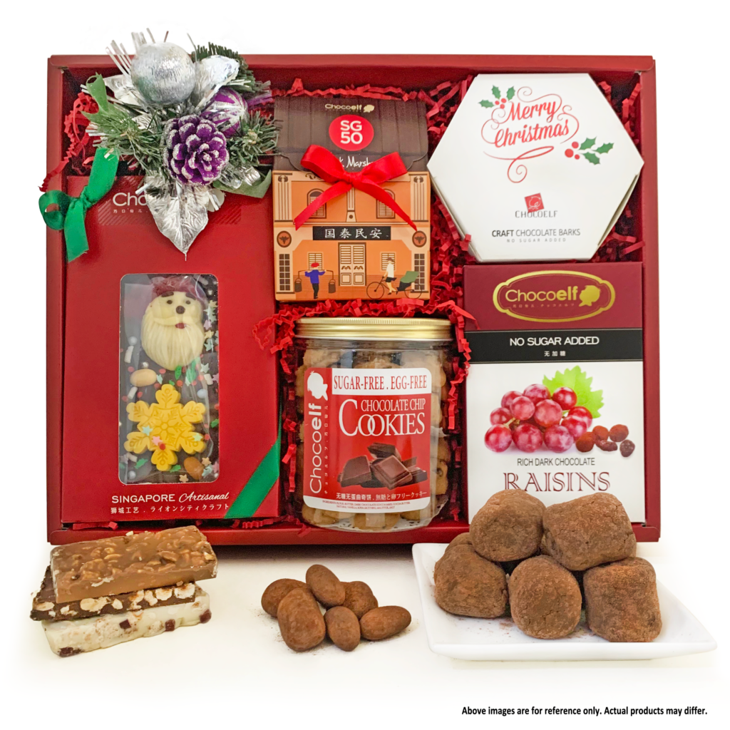 CHOCOELF Christmas gift hamper with chocolate bars, cookies, truffles and bark